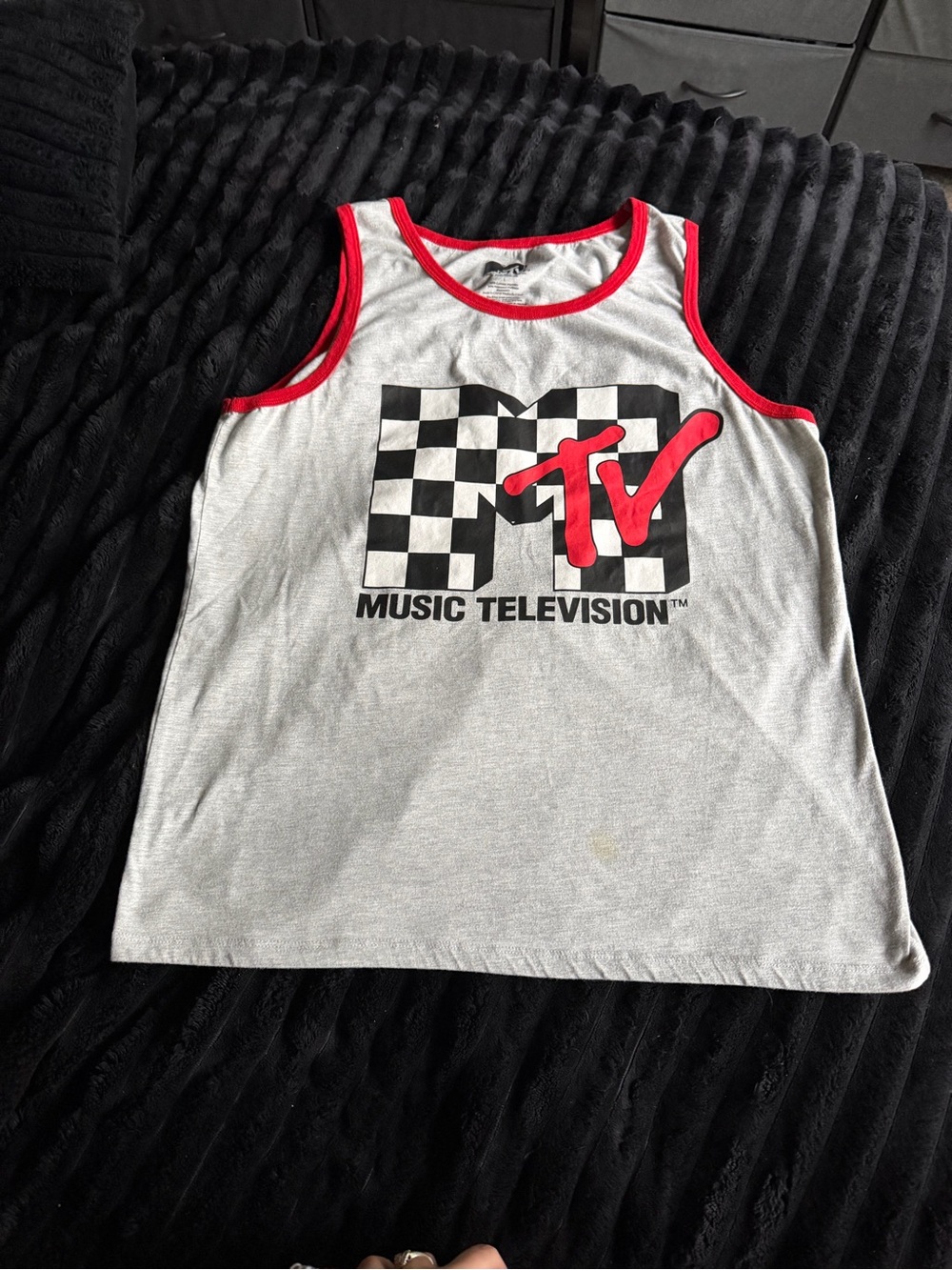 Men’s MTV Gray Tank Top with Red Trim and Black Checker Logo